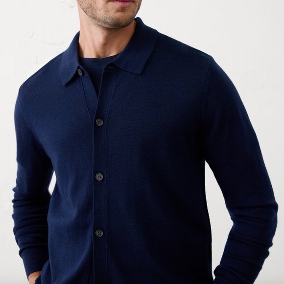 Banana Republic Factory Merino Wool Button-Through Polo Sweater, Medium, Navy - Picture 3 of 4